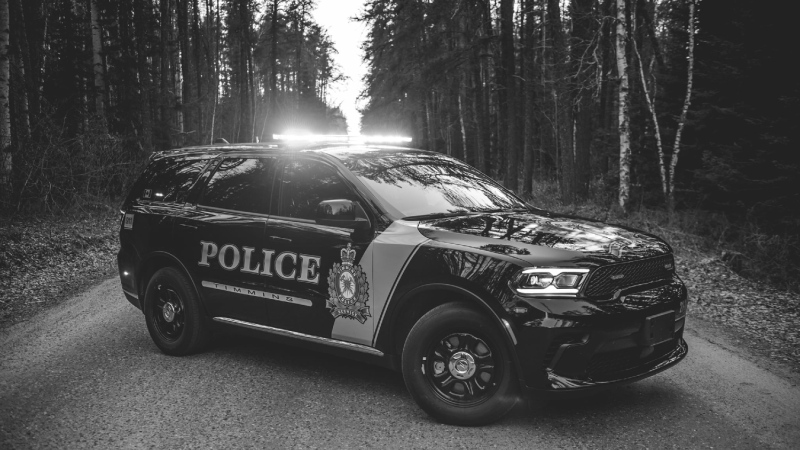 An undated black and white photo of a Timmins Police Service vehicle. (File photo/Supplied/Timmins Police Service)
