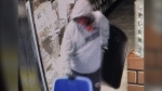 Police release an image of a suspect carrying plastic bins during an alleged break-in at a store in Barrie, Ont., on Tues., March 26, 2024. (Source: Barrie Police Services)