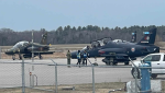 The Royal Canadian Air Force CT-155 Hawk Aircraft has reached their final destination at the Collingwood Regional Airport in Collingwood Ont, on March., 27, 2024. (CTV News/Rob Cooper)