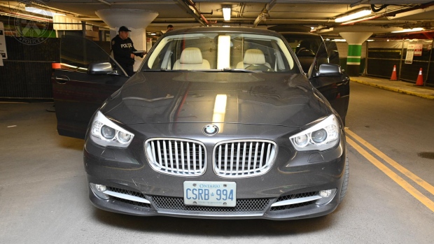 Umar Zameer’s BMW after Const. Jeffrey Northrup was hit by the vehicle, showing no damage, in a court exhibit.
