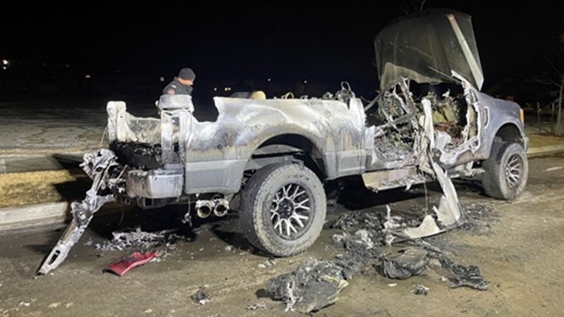 Police say found a burnt truck on March 26, 2024 that's believed to be involved in a drive-by shooting in Westmount. (Credit: Edmonton Police Service)
