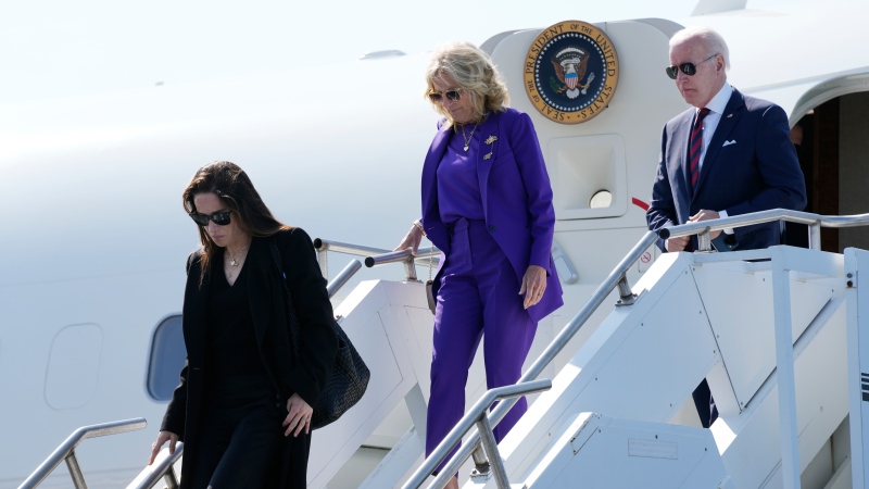 U.S. President Joe Biden, first lady Jill Biden and their daughter Ashley Biden, step off Air Force One at Philadelphia International Airport in Philadelphia, Monday, May 15, 2023. (Patrick Semansky/AP Photo)