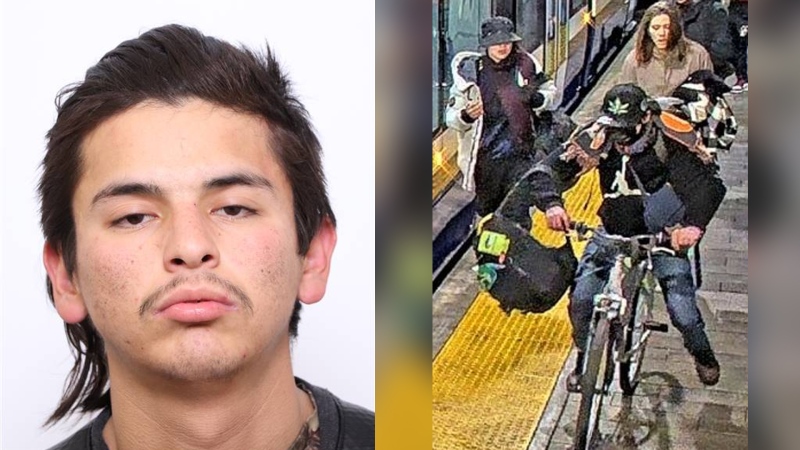 Markus Lee Gladue, 21, (left) and three people wanted in connection with an assault at Churchill LRT Station on Feb. 24, 2024. (Credit: Edmonton Police Service)