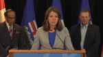 Alberta Premier Danielle Smith speaks about stepping in to help The City of Edmonton at a conference on March 27, 2024. (CTV News Edmonton)