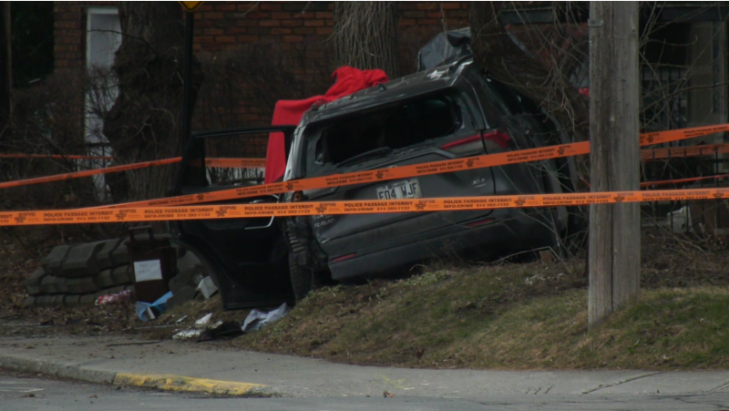Two men were in a car that crashed into a tree in Montreal on March 28, 2024. (Xavier Duranleau, CTV News)