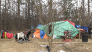 The encampment near Branchton Road in Cambridge is seen on March 28, 2024. Lawyers for two residents have filed an injunction in an attempt to block the city from evicting them. (CTV Kitchener)