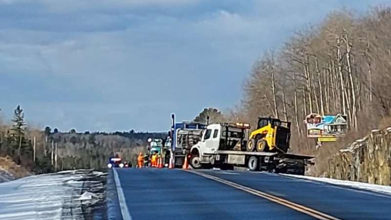 A single transport crash early Thursday morning on Highway 17 west of Sudbury brought traffic to a stop for several hours, reopening shortly before 10:30 a.m. (Supplied/Ontario Provincial Police)