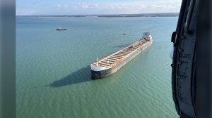 American Mariner ship struck a concrete navigation aid in Munuscong Lake. March 28/2024 (U.S. Coast Guard)