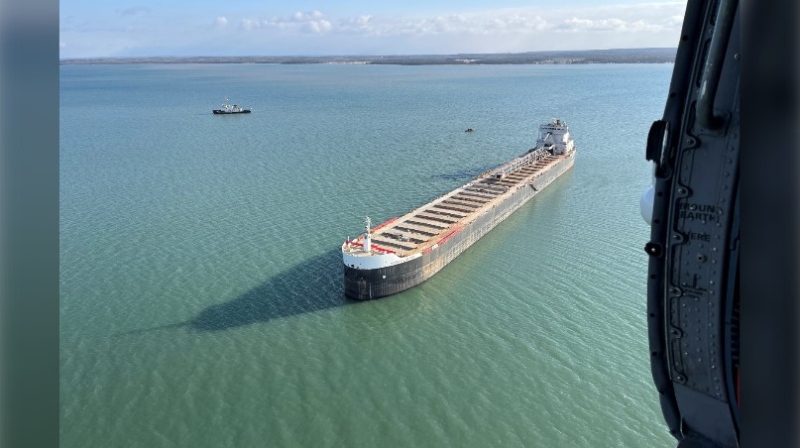 American Mariner ship struck a concrete navigation aid in Munuscong Lake. March 28/2024 (U.S. Coast Guard)