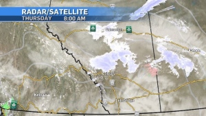 Radar-satellite weather map of southern Alberta at 8 a.m. on March 28, 2024. (CTV News)