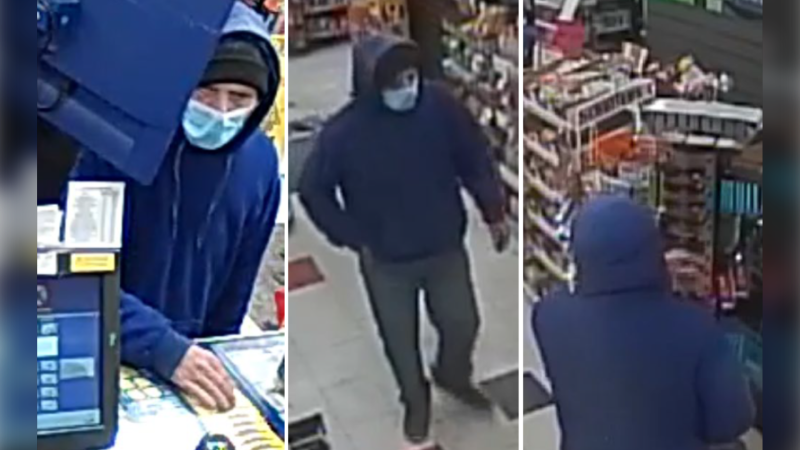 Police released images of a suspect wanted in an armed robbery investigation in Penetanguishene, Ont., on Thurs., March 21, 2024. (Source: OPP)
