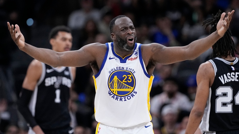 Golden State Warriors forward Draymond Green (23) argues a foul call during the second half of an NBA basketball game against the San Antonio Spurs in San Antonio, Monday, March 11, 2024. (AP Photo / Eric Gay)