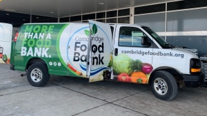 A Cambridge Food Bank vehicle collects donations outside the outside the Cambridge Centre Zehrs on March 29, 2024. (Krista Simpson/CTV Kitchener)