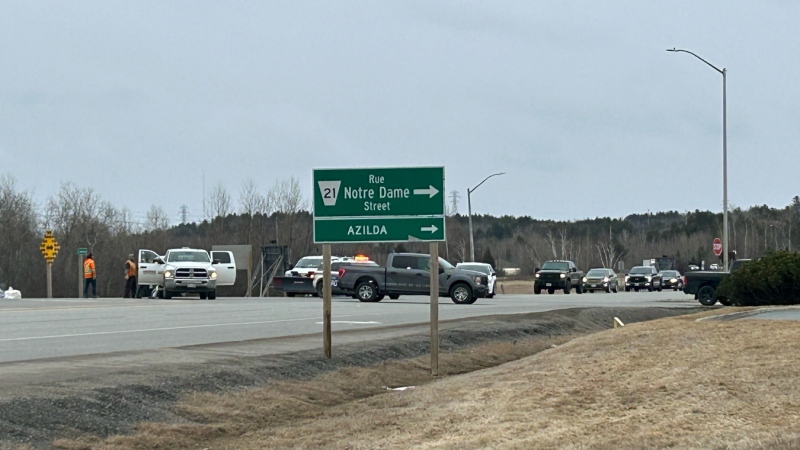 The scene of a four-vehicle collision near the intersection of Municipal Road 35 and Notre Damen Avenue in the Greater Sudbury community of Azilda on March 28, 2024. (Amanda Hicks/CTV News Northern Ontario)