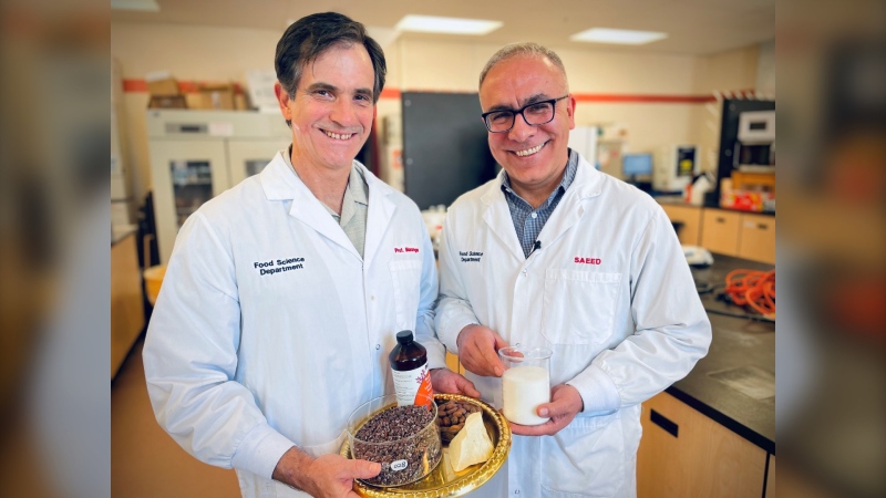 University of Guelph food science professor Alejandro Marangoni and research associate Saeed Ghazani are researching ways to bring down the price of chocolate. (Spencer Turcotte/CTV Kitchener)