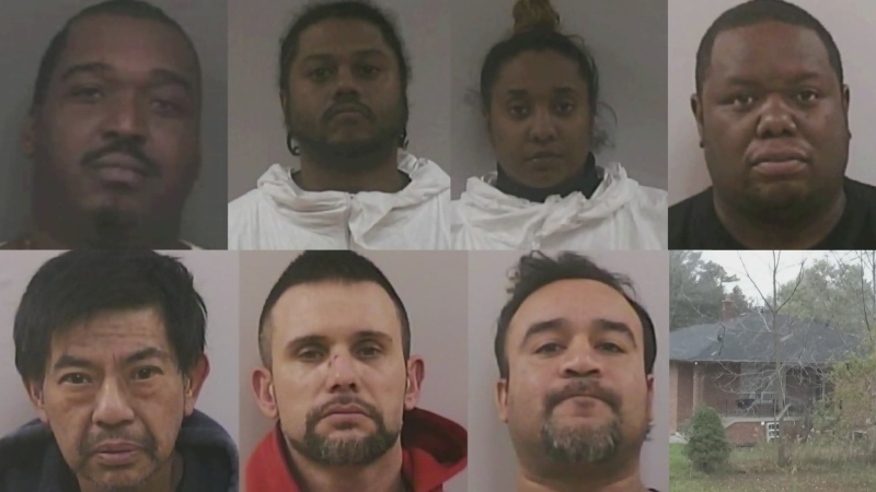 (L-R) Burnel Hopkinson, Tyrone Aaron Dias, Jashyna Singh, and Royden Reis, Hung Lam, Joseph Carvalho, Edgar Martinez face charges in connection with a human trafficking investigation at a property in Innisfil, Ont. (Source: South Simcoe Police Services)