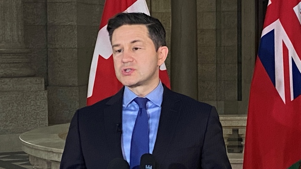 Pierre Poilievre speaking to the media at the Manitoba legislature after meeting with Manitoba Premier Wab Kinew on March 28, 2024. (Scott Andersson/CTV News Winnipeg)
