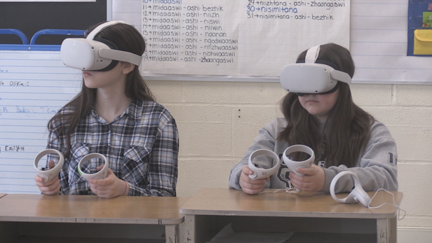 Students at Regent Park School in Orillia ont., engage in the Indigenous learning virtual reality (VR) program in the classroom on March., 28, 2024. (CTV News/Catalina Gillies)