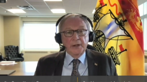 New Brunswick Premier Blaine Higgs speaks virtually from Fredericton to the Standing Committee on Government Operations and Estimates on March 28, 2024. (Source: Parliament of Canada)