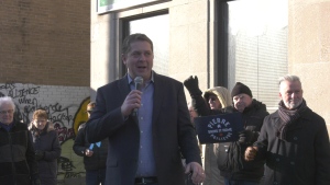 Opposition House Leader Andrew Scheer held a rally outside Sault Liberal MP Terry Sheehan's office on March 28, 2024. (Mike McDonald/CTV News Northern Ontario)