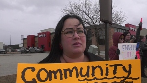 Christina Kioke and others concerned citizens participated in a rally outside Timmins MPP George Pirie's office on Thursday to call for funding for safe consumption sites in the region. (Sergio Arangio/CTV News Northern Ontario)