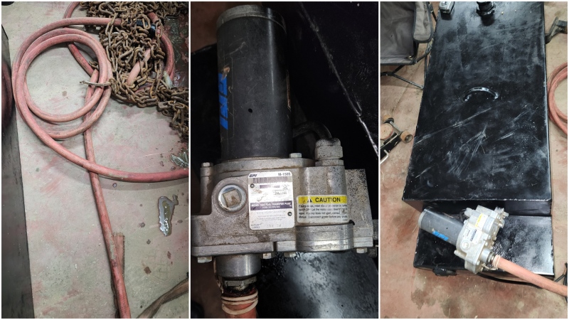 A GPI fuel transfer pump along with a hose and a portable tidy tank recovered along with a stolen vehicle in Thorhild County. (Supplied: RCMP) 