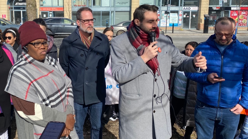 Deborah Adegboye (left to right), Quebec Soldaire MNA Guillaume Cliche-Rivard and NDP MP Alexandre Boulerice attend an event as community groups gather outside federal Immigration Minister Marc Miller's Montreal office on Friday, March 29, 2024 to demand a stop to the deportation of Adegboye's family next month. (Thomas MacDonald, The Canadian Press)