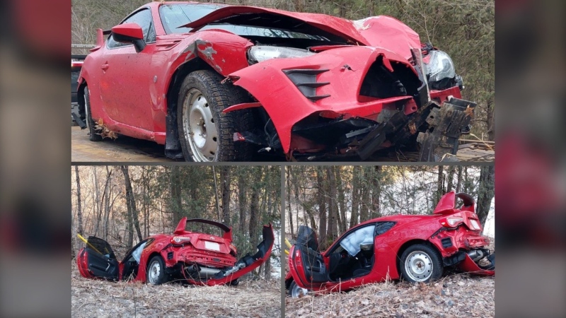 Busted up red two-door Toyota found in the Long Lake Estates area in McDougall Township near Parry Sound. March 29, 2024 (Ontario Provincial Police West Parry Sound) 