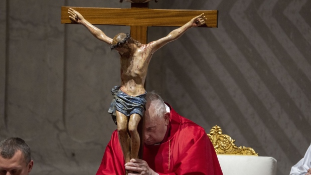 Pope Francis leads the liturgy of the Passion on Good Friday in St. Peter's Basilica at The Vatican, Friday, March 29, 2024. (AP Photo / Domenico Stinellis)