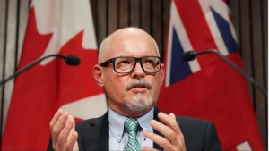 Dr. Kieran Moore, Ontario's chief medical officer of health, speaks at a press conference at Queen’s Park in Toronto on Monday, April 11, 2022. (The Canadian Press/Nathan Denette)