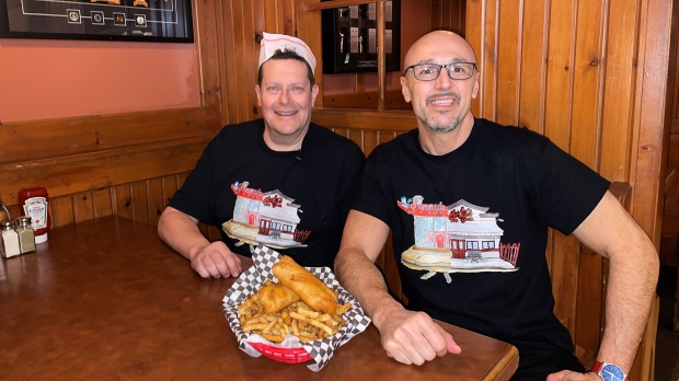 Morty’s Pub Jay Taylor (left) and former Sonny's owner Paul Noussis on Mar. 29, 2024. (Hannah Schmidt/CTV Kitchener)