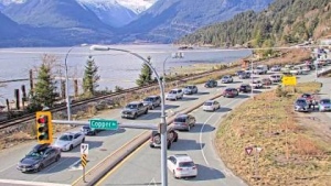 A traffic camera image looking north from Copper Drive on the Sea to Sky Highway, south of the area where the collision was reported. (DriveBC)