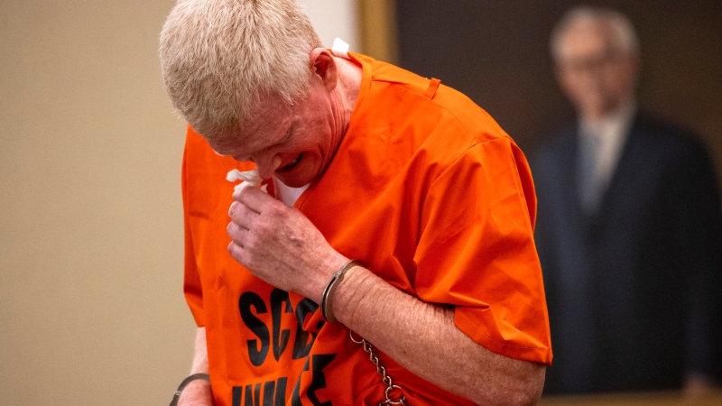 Alex Murdaugh cries as he addresses the court during his sentencing for stealing from 18 clients at the Beaufort County Courthouse in Beaufort, S.C. on Nov. 28, 2023. (Andrew J. Whitaker/The Post And Courier via AP, Pool)