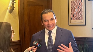 Manitoba Premier Wab Kinew announces an extension of the Fuel Tax Holiday on April 2, 2024. (Kenneth Gabel/CTV News Winnipeg)