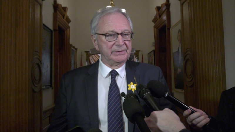 New Brunswick Premier Blaine Higgs speaks to reporters at the provincial legislature in Fredericton on April 2, 2024. (Nick Moore/CTV Atlantic)