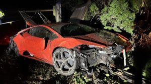 West Vancouver police shared this photo of a Lamborghini that was crashed on the Trans-Canada Highway on March 25, 2024. 
