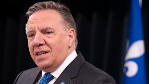 Quebec Premier Francois Legault speaks to the media following a bilateral meeting with Prime Minister Justin Trudeau in Montreal, Friday March 15, 2024. (Christinne Muschi/The Canadian Press)