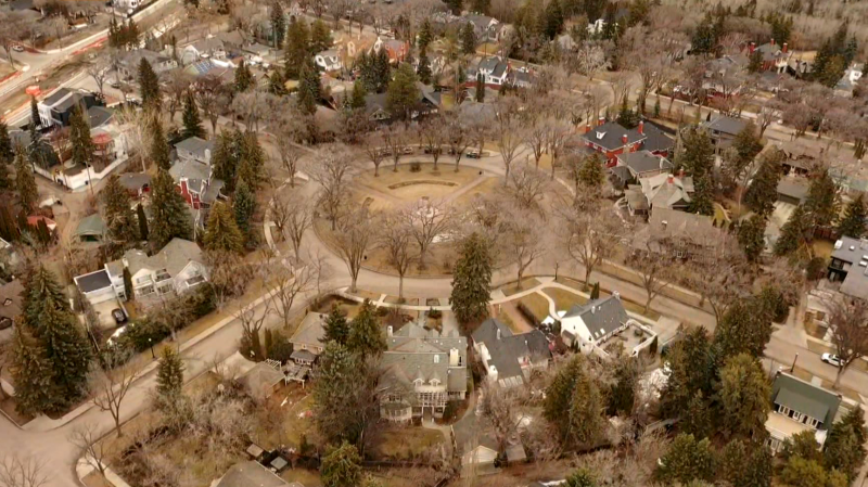 Alexander Circle, located at 133 Street and 103 Avenue in Edmonton's Glenora neighbourhood, is seen in this aerial photograph taken April 4, 2024. (Cam Wiebe / CTV News Edmonton) 