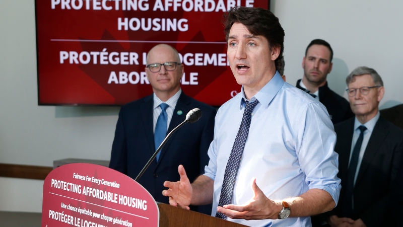 Prime Minister Justin Trudeau talks to media during an affordable housing press conference at a public housing development in Winnipeg, Thursday, April 4, 2024. (John Woods/The Canadian Press)
