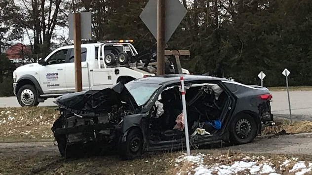 The aftermath of a collision involving a tree on Wellington County Road 109 near Arthur on April 4, 2024. (Dave Pettitt/CTV Kitchener)