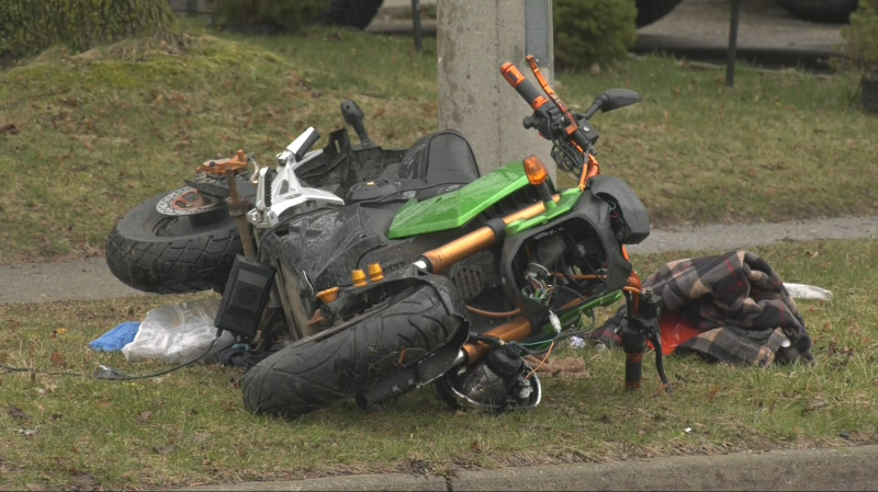 An e-bike involved in a crash in Cambridge on April 4, 2024. (Dan Lauckner/CTV Kitchener)