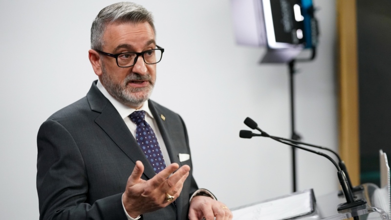 Ontario Minister of Municipal Affairs and Housing Paul Calandra speaks during a press conference in Toronto on Thursday, Feb. 22, 2024. (The Canadian Press/Arlyn McAdorey)