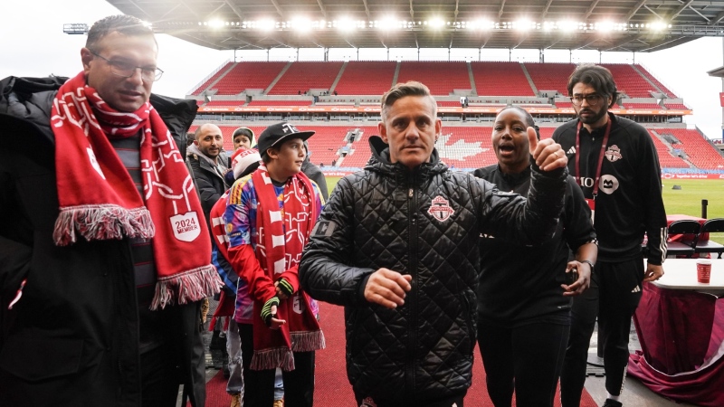 Toronto FC coach John Herdman gestures to fans as he comes off the pitch after his team's 1-0 win over Charlotte FC in MLS action in Toronto, Saturday, March 9, 2024. (The Canadian Press/Chris Young)