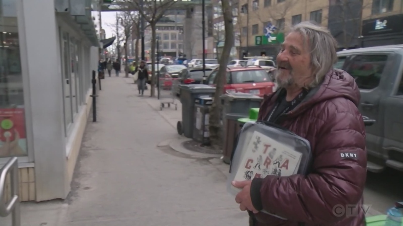 Joseph Clermont sells the magazine L'Itineraire outside of a Metro grocery story, as the magazine for and by homeless Montrealers celebrates 30 years. 