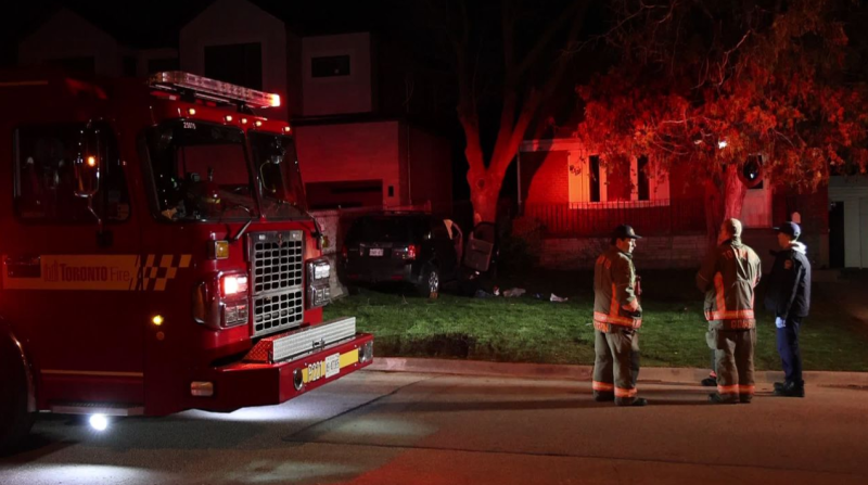 Crews on scene after an impaired driver crashed into a tree in a residential area in Scarborough on April 7, 2024. (Jacob Estrin / CP24)