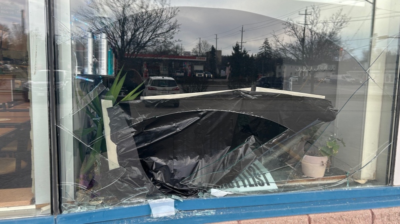 A business on Anne Street South in Barrie, Ont., has damage following a collision on Sun., April 7, 2024. (CTV News/Rob Cooper)