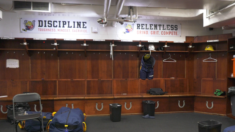 Barrie Colts clear lockers after season-ending loss on April 8, 2024. (CTVNews/Mike Lang)
