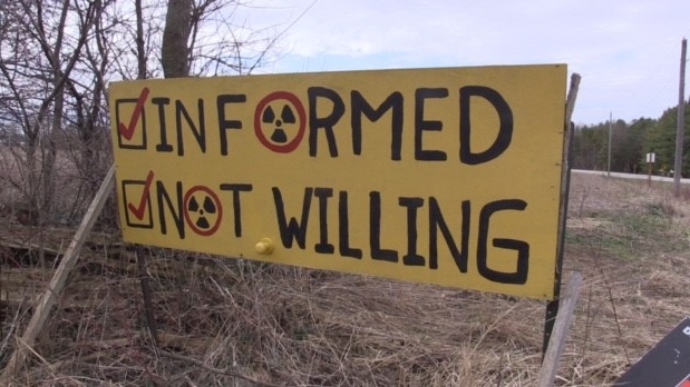 Sign opposing plans to build a facility to house Canada’s used nuclear fuel near Teeswater, seen on April 4, 2024. (Scott Miller/CTV News London)