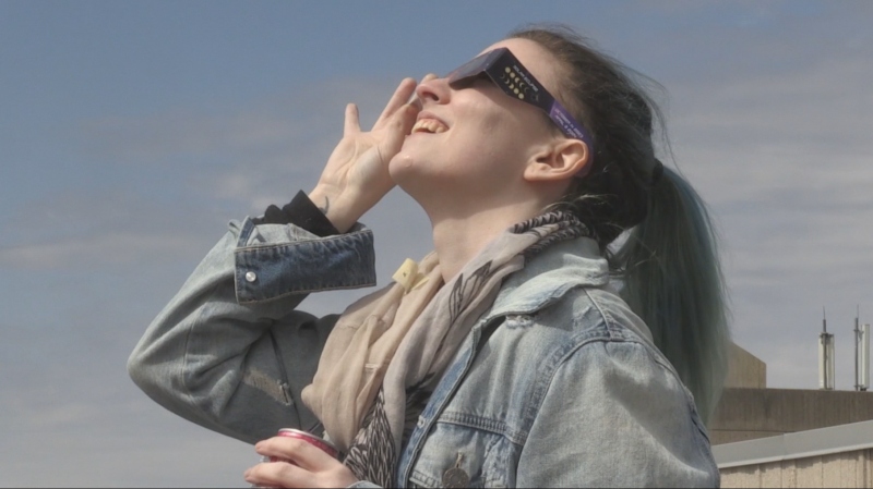 Watching the solar eclipse on the University of Guelph campus on April 8, 2024.
