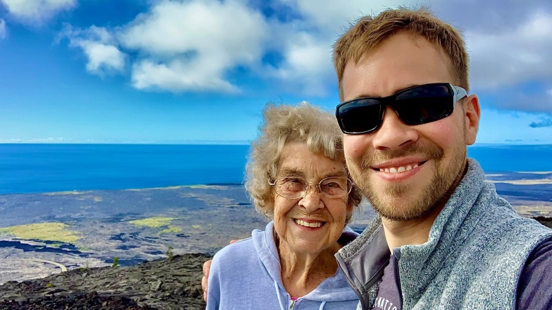 Grandma Joy and her grandson Brad Ryan, at Hawaii Volcanoes National Park, spent eight years travelling to all 63 U.S. National Parks. (@grandmajoysroadtrip via CNN Newsource)